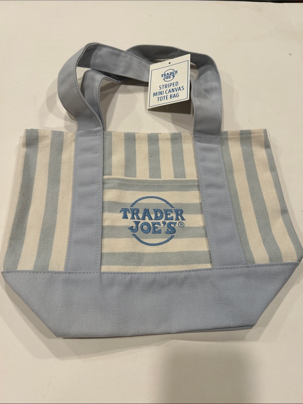 Trader Joeโs Striped Mini Canvas Tote Bag Light Blue and Cream NWT